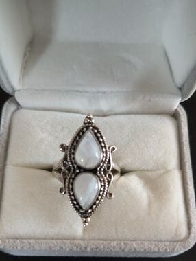 Sterling Silver Double Teardrop Rainbow Moonstone Ring